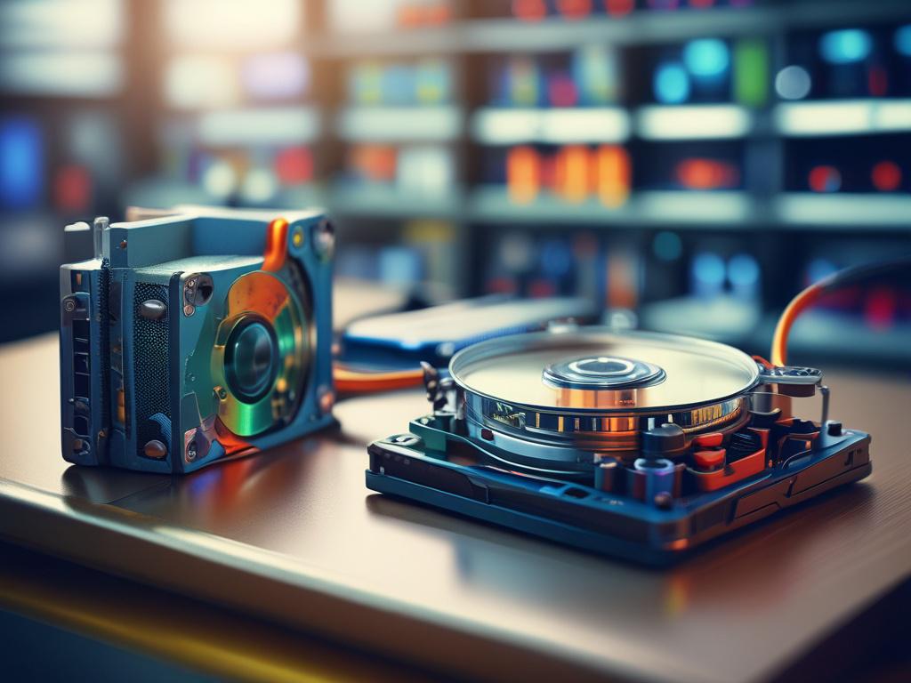 A close-up shot of a high-tech data recovery device, showcasing intricate details and vibrant colors. The background is a soft-focus of a modern laboratory environment, emphasizing the cutting-edge technology used in data recovery. The image is rendered in hyper-realistic quality with a focus on the device's components, and the color scheme includes shades of green to align with the theme.