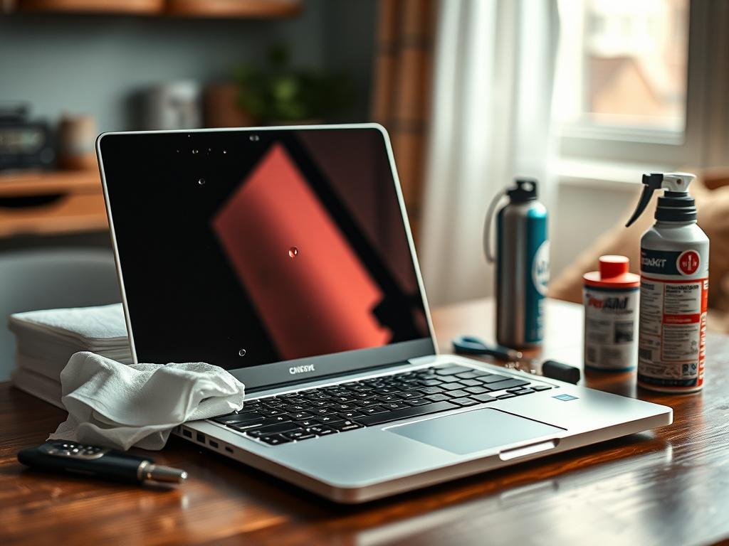 Create a highly detailed and realistic high-resolution photo that reflects the theme of the blog titled "Kiedy nie ruszać, a kiedy działać? Pierwsza pomoc po zalaniu laptopa lub upadku dysku." The image should depict a single subject: a laptop that has been partially submerged in water, set on a wooden table. The laptop should be open, with droplets visibly clinging to the screen and keyboard, illustrating the impact of water damage. Surrounding the laptop, there should be a few essential items related to f