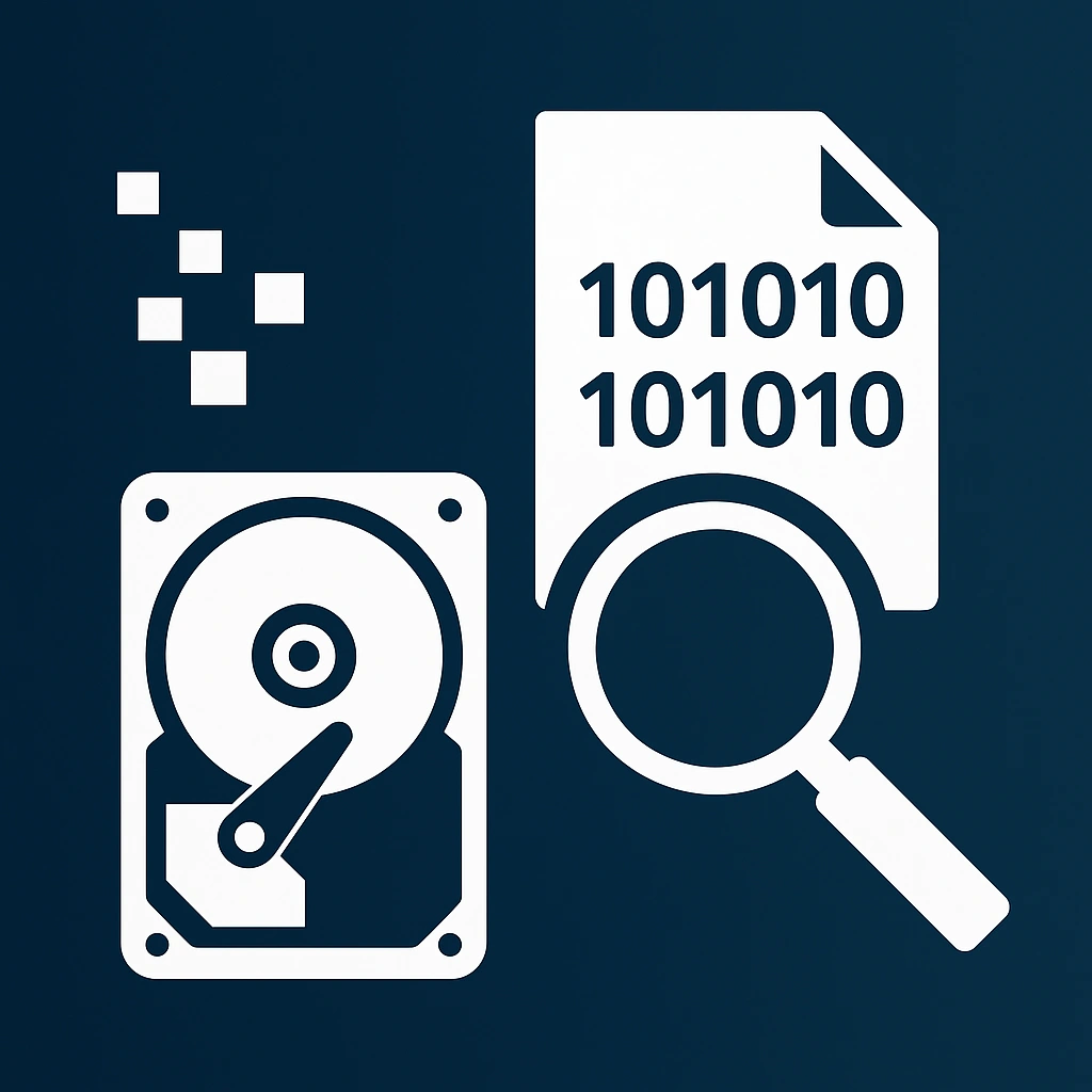 Ikona informatyki śledczej – dysk twardy, lupa i dokument z danymi binarnymi na ciemnym tle.