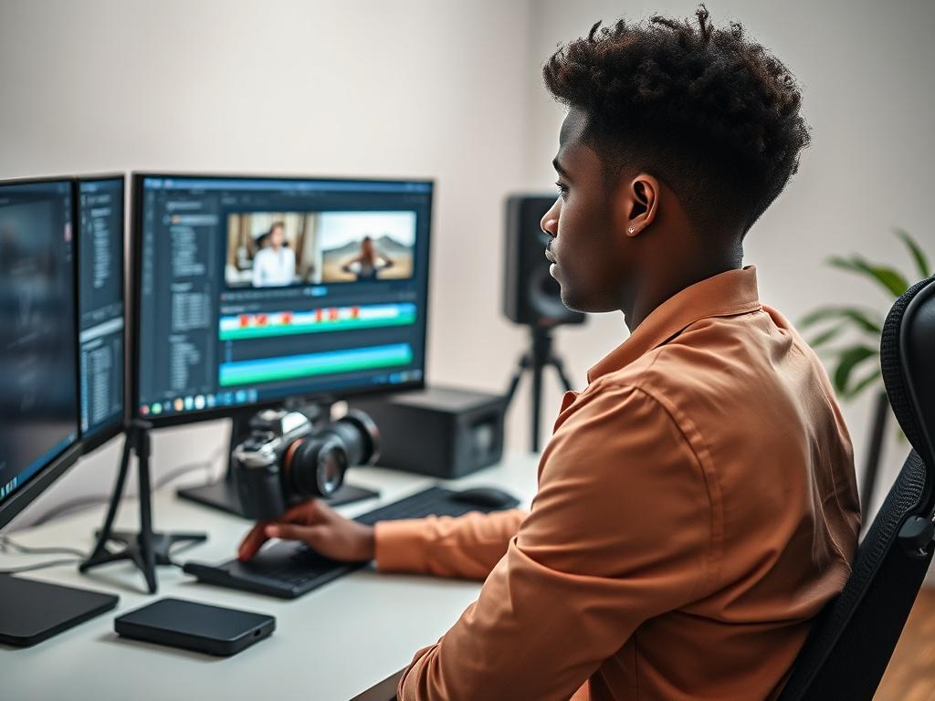 Create a realistic high-resolution image that reflects the theme of the blog titled "Jak zabezpieczyć materiał z jedynego zlecenia: workflow backupu dla fotografa i operatora wideo." 

**Composition:** Focus on a single professional setting. The image should prominently feature a photographer or videographer in their studio environment, working diligently on their computer, which displays various video editing software with a visible timeline and media clips. The subject should be in the foreground, clearly