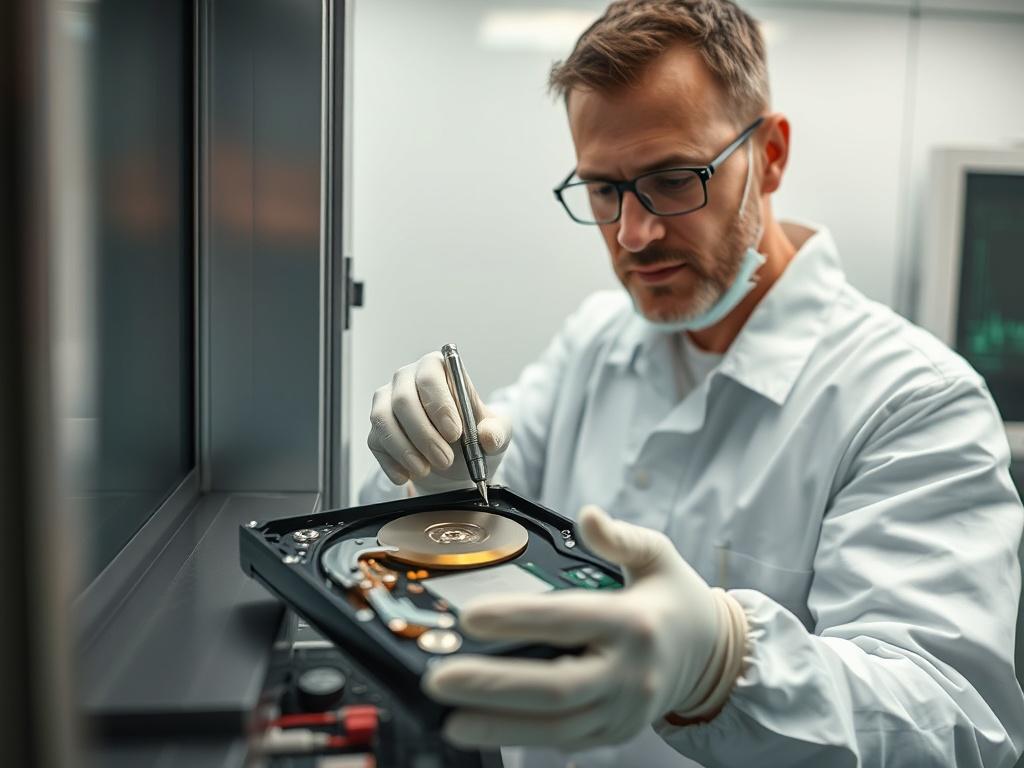 **Prompt for AI Image Generation:**

Create a realistic high-resolution photo that illustrates the process of data recovery from physically damaged DVR/NVR hard drives in a cleanroom environment. The image should focus on a single technician in a laminar flow cabinet, wearing sterile gloves and a lab coat, carefully handling an opened hard drive with specialized tools. The technician's expression should reflect concentration and professionalism, highlighting the meticulous nature of this work. 

The backgro