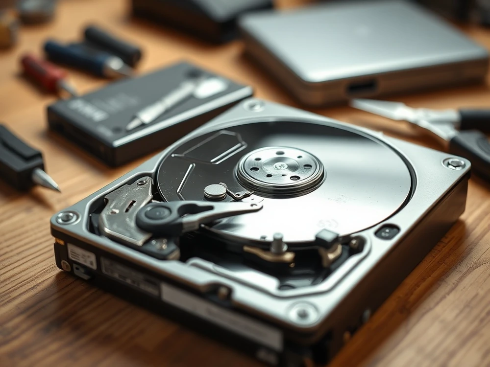 Uszkodzony dysk HDD na biurku w otoczeniu narzędzi – czego nie robić z nośnikiem danych