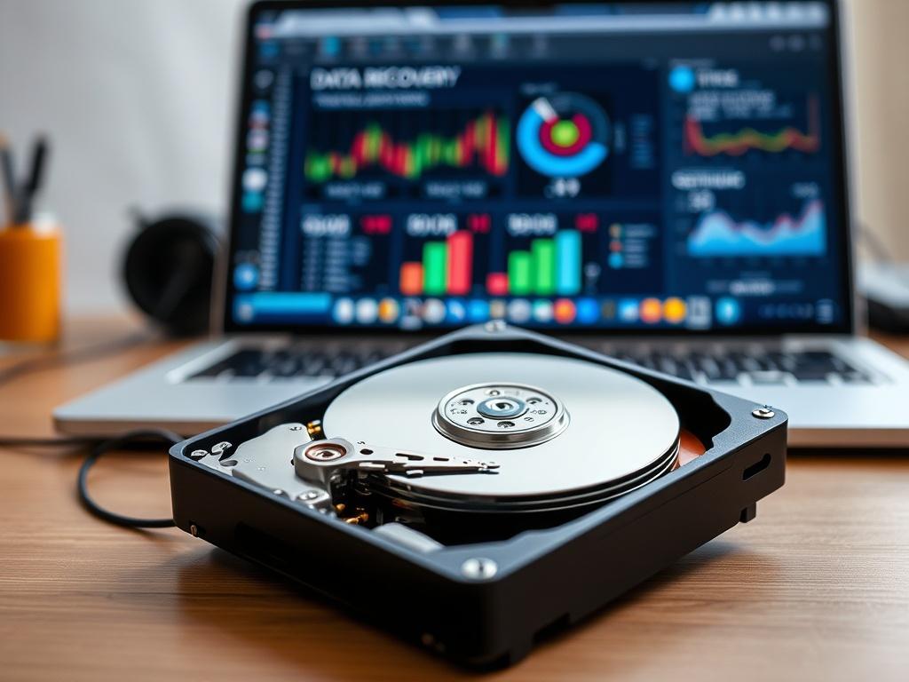 Create a realistic high-resolution photo that captures the essence of the blog titled "Czy formatowanie usunęło pliki na zawsze? Różnice między formatowaniem a bezpiecznym kasowaniem." The composition should be simple and clear, focusing on one subject: a computer hard drive connected to a laptop. The hard drive should be open and positioned prominently in the foreground, showcasing its internal components, particularly the disks and read-write heads. The laptop screen in the background should display a use