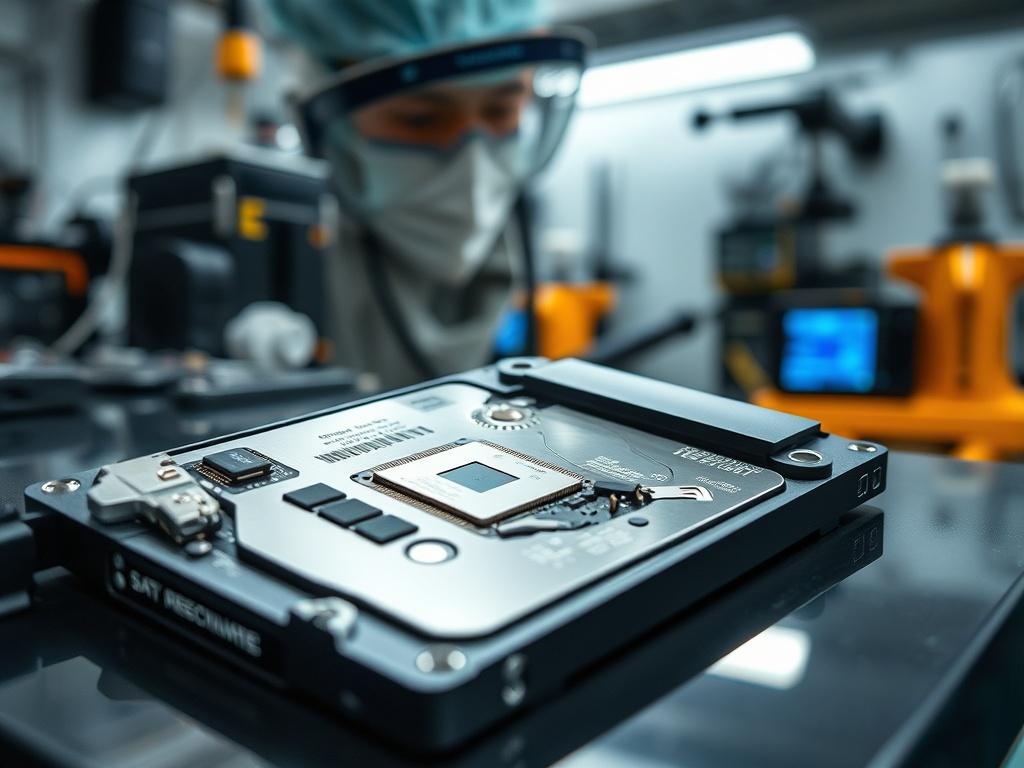 A hyper-realistic close-up shot of a broken SSD drive with visible chip damage, showing a technician carefully examining the drive under a cleanroom environment, emphasizing tools and equipment used for data recovery in the background.