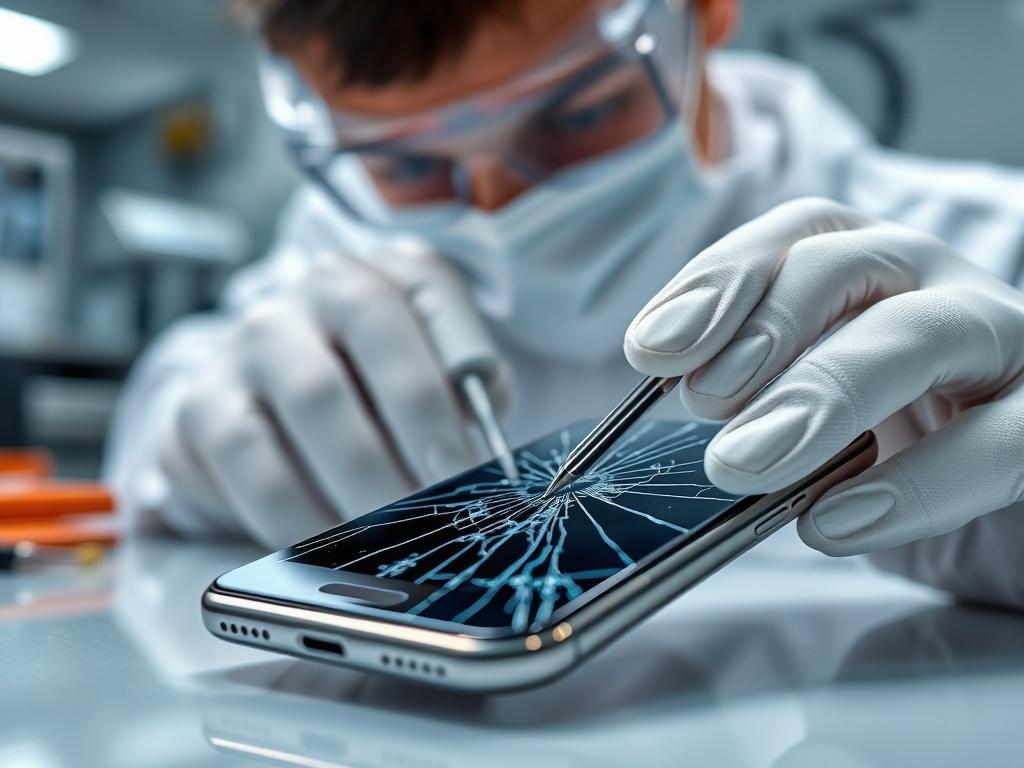 A hyper-realistic close-up shot of a smartphone with a cracked screen, displaying the technician working on the device in a cleanroom, highlighting the precision tools and equipment used for mobile data recovery.