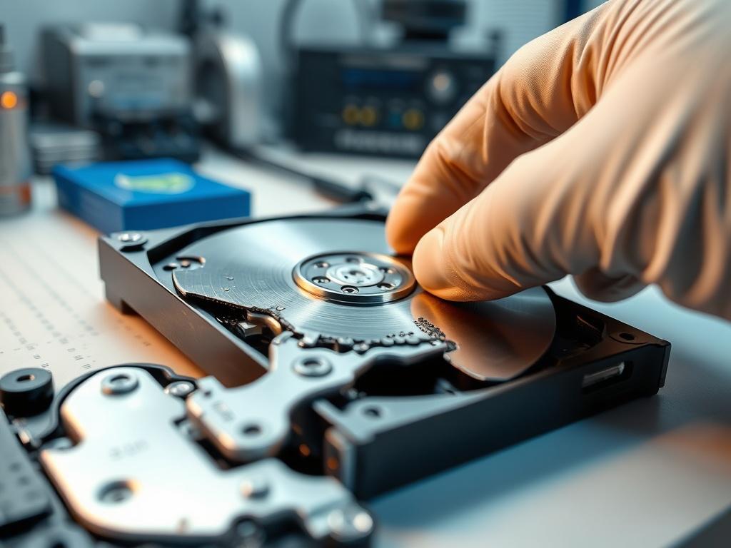 A hyper-realistic close-up shot of a damaged HDD disk with intricate details, showcasing a technician's hand working on the disk inside a cleanroom environment, highlighting tools like PC-3000 in the background, with a clean and organized workspace.