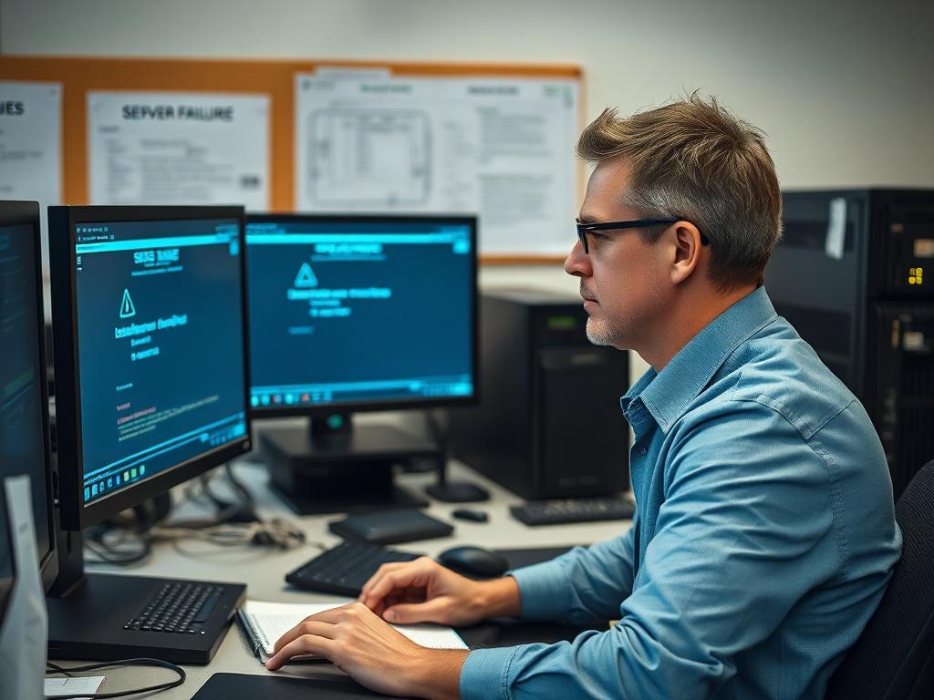 Create a realistic high-resolution image that captures the essence of a professional IT environment during a server or NAS failure in a company. The composition should be simple and clear, featuring a single subject — a focused IT administrator, a middle-aged individual in business casual attire, sitting at a desk cluttered with computer hardware and multiple screens displaying error messages. 

The administrator should be looking thoughtfully at the main screen, which shows a warning alert indicating a ser