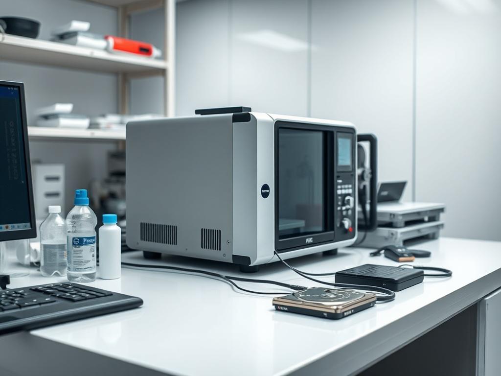 **AI Image Generation Prompt:**

Create a realistic, high-resolution photo that visually represents a professional data recovery laboratory setting, highlighting the precision and care taken compared to home-based attempts. The composition should focus solely on a high-end data recovery device, like the PC-3000, placed prominently on a clean, sterile workbench. 

**Subject Matter:**
- The main subject is the PC-3000 data recovery machine, clearly visible, showcasing its intricate design and functional contr