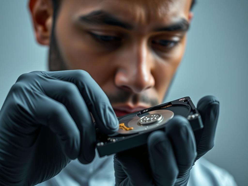 Create a realistic high-resolution photo that embodies the concept of recovering deleted recordings from NVR/DVR systems, ideal for a blog titled "Jak Odzyskać Usunięte Nagrania z NVR/DVR? Poradnik Krok po Kroku i Diagnoza Problemów."

### Composition:
- A close-up shot of a person carefully handling a hard drive or memory card, showcasing their focused expression.
- The individual should be wearing protective gloves to signify the delicate nature of data recovery work.
- The primary subject should be set a