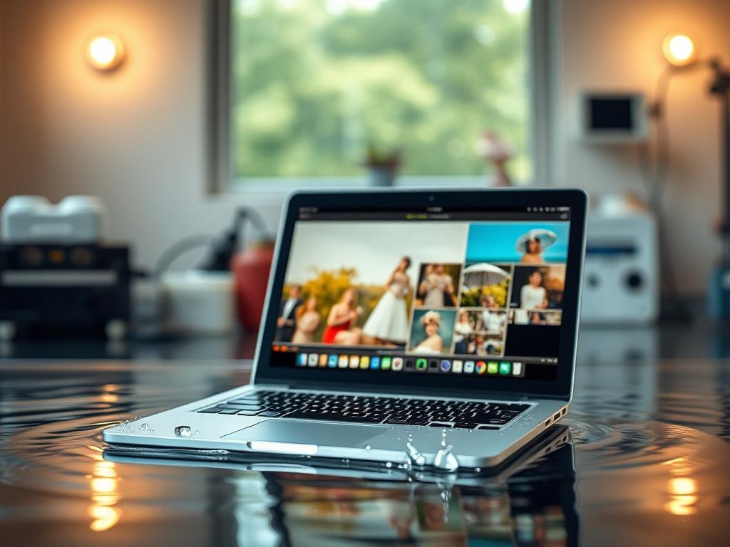 Create a highly detailed, realistic high-resolution photo that captures the essence of a successful data recovery process from a flooded laptop belonging to a wedding photographer. The composition should be simple and clear, featuring the laptop as the sole subject in the center of the image. 

The laptop should be partially open, showing its screen with bright, colorful wedding photos displayed, symbolizing the valuable data that was saved. Water droplets or a water-stained effect on the laptop lid should 