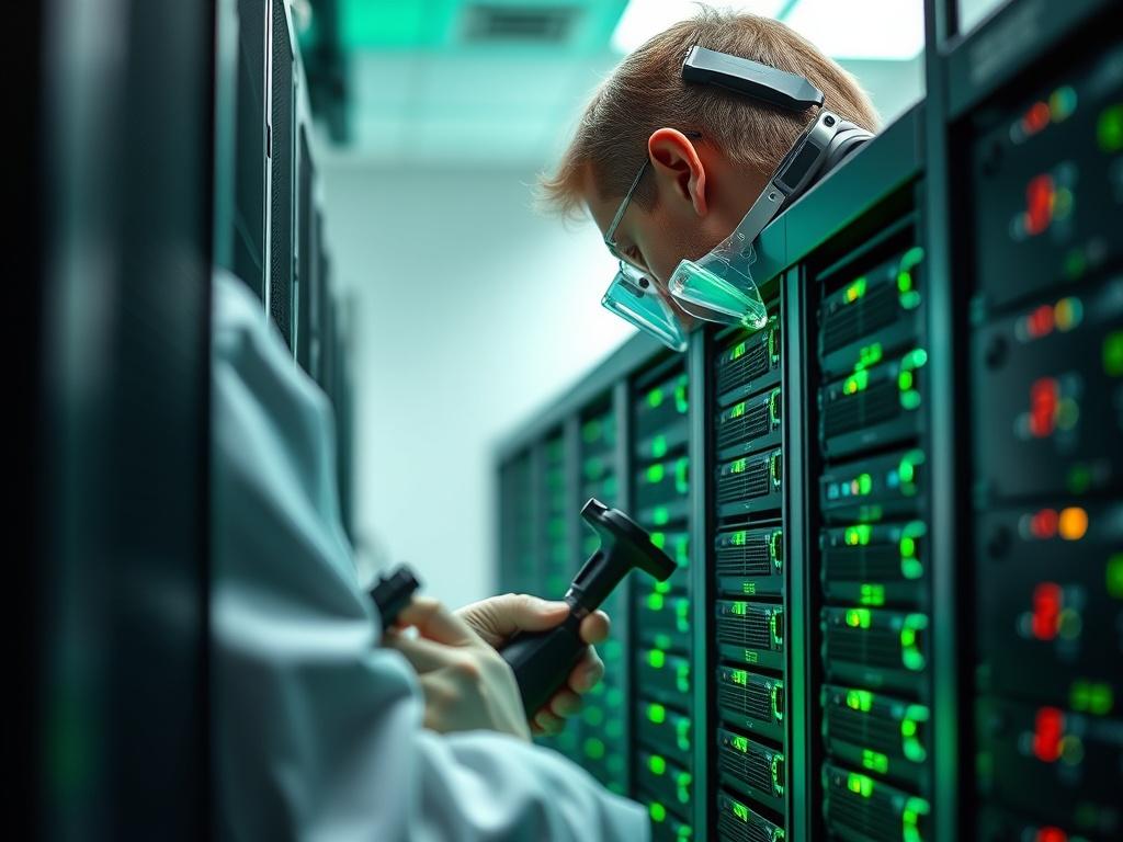 A close-up shot of a RAID array being examined by a technician in a cleanroom. The technician is focused on the array, using high-tech tools to assess the situation. The background is softly blurred, drawing attention to the technician and the RAID array. The color palette incorporates shades of green to fit with rgb(50, 170, 39).