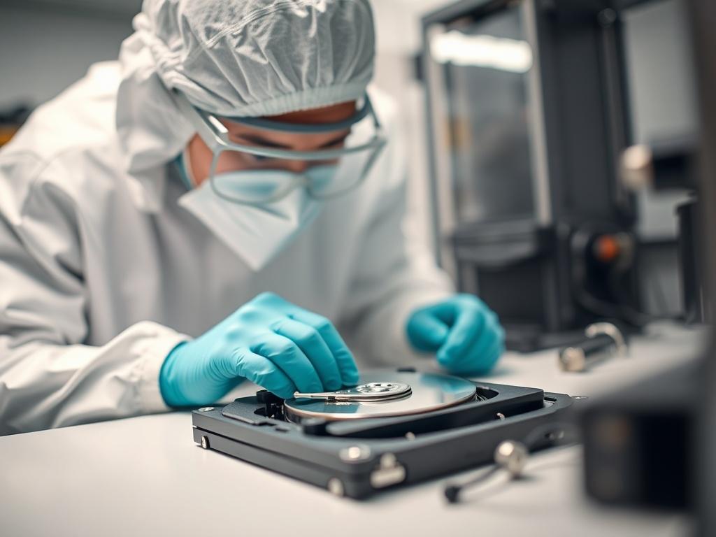A close-up shot of a technician in a cleanroom environment working on a HDD drive. The technician wears protective gear, focusing intently on the drive, which is placed on a clean, sterile work surface. The background is blurred to emphasize the technician and the HDD. The color theme includes shades of green to match rgb(50, 170, 39).