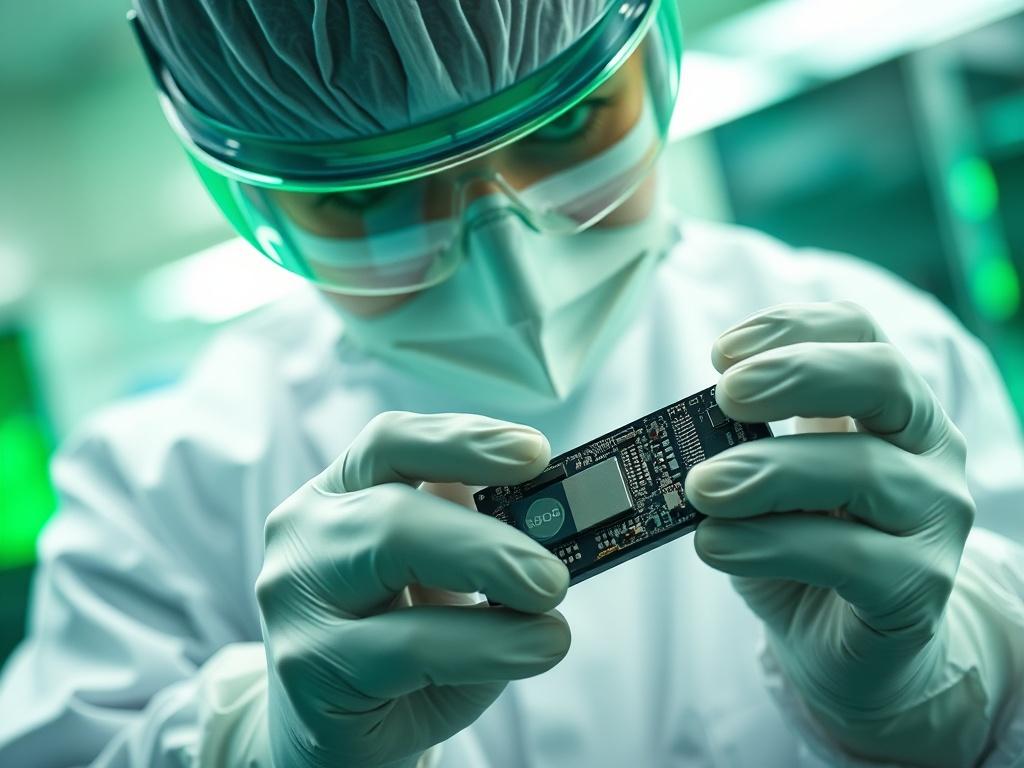 A close-up shot of a technician carefully handling an SSD drive in a cleanroom. The technician is seen examining the SSD with precision tools, highlighting the intricate design of the drive. The background is softly blurred, focusing on the technician and the SSD. The color scheme includes green tones to align with rgb(50, 170, 39).