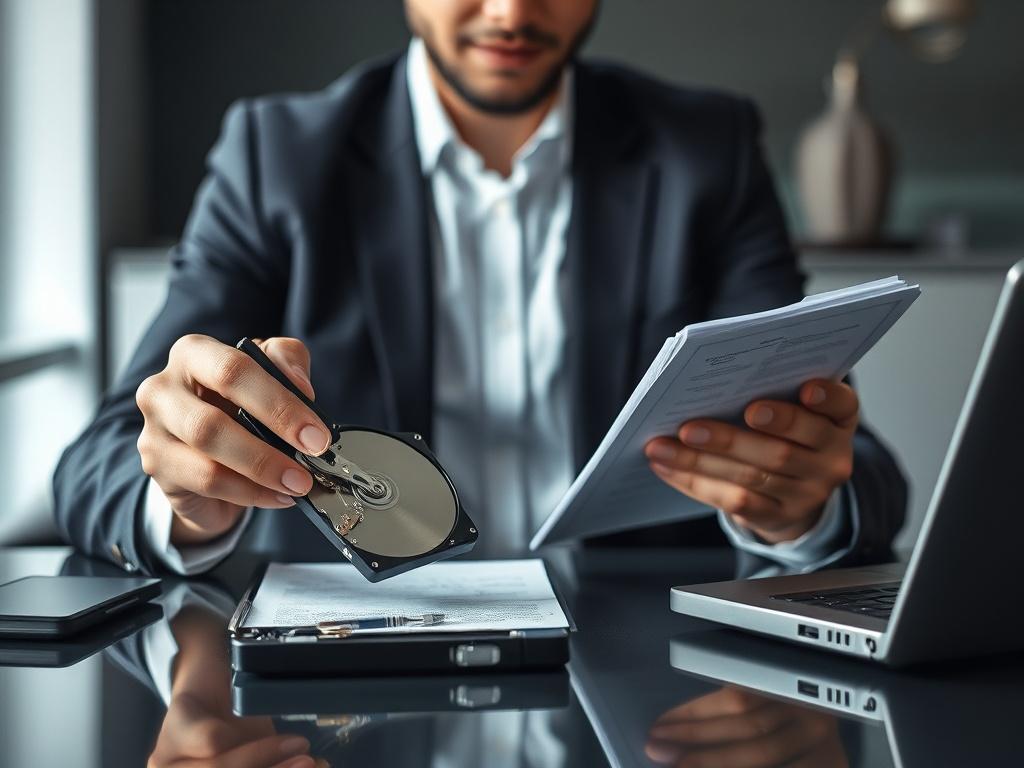 Create a highly detailed, realistic high-resolution photo that visually represents the blog titled "Awaria dysku z danymi księgowymi / kadrowymi – jak połączyć odzyskiwanie danych z obowiązkami RODO." The composition should be simple and clear, focusing on a single subject that conveys professionalism and expertise in data recovery and compliance with GDPR regulations.

Subject: A professional-looking individual sitting at a sleek, modern desk. The person should be dressed in business attire, showcasing a c