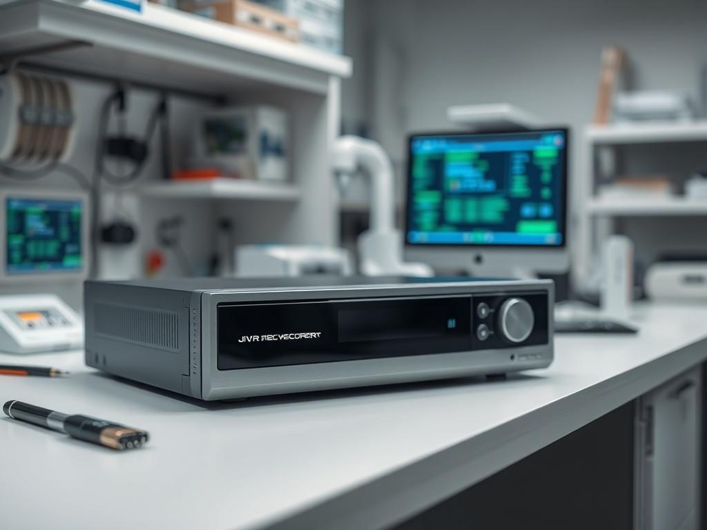 **AI Image Generation Prompt:**

Create a realistic high-resolution photo that encapsulates the theme of the blog titled "JFS vs. XFS – Dlaczego System Plików Rejestratora DVR/NVR Jest Kluczem do Odzyskania Nagrań?". The composition should feature a single subject: a modern DVR/NVR recorder placed prominently on a clean, professional-looking workbench. 

The background should be slightly blurred to draw attention to the recorder, with subtle hints of a high-tech laboratory environment, such as tools and dig