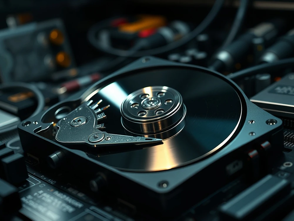 Otwarty dysk twardy HDD z widoczną głowicą i talerzem – objawy awarii mechanicznej i dziwnych dźwięków