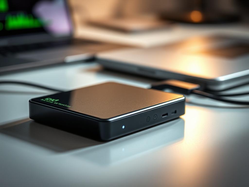 Create a realistic high-resolution photo that visually represents the topic of choosing an external drive for backup, with a focus on "HDD, SSD, or Cloud". The composition should be simple and clear, featuring a single external hard drive prominently displayed in the center of the frame. The drive should be sleek and modern, showcasing its design and texture—perhaps a glossy black SSD with subtle lighting reflecting off its surface to emphasize its advanced technology.

In the background, include a blurred 