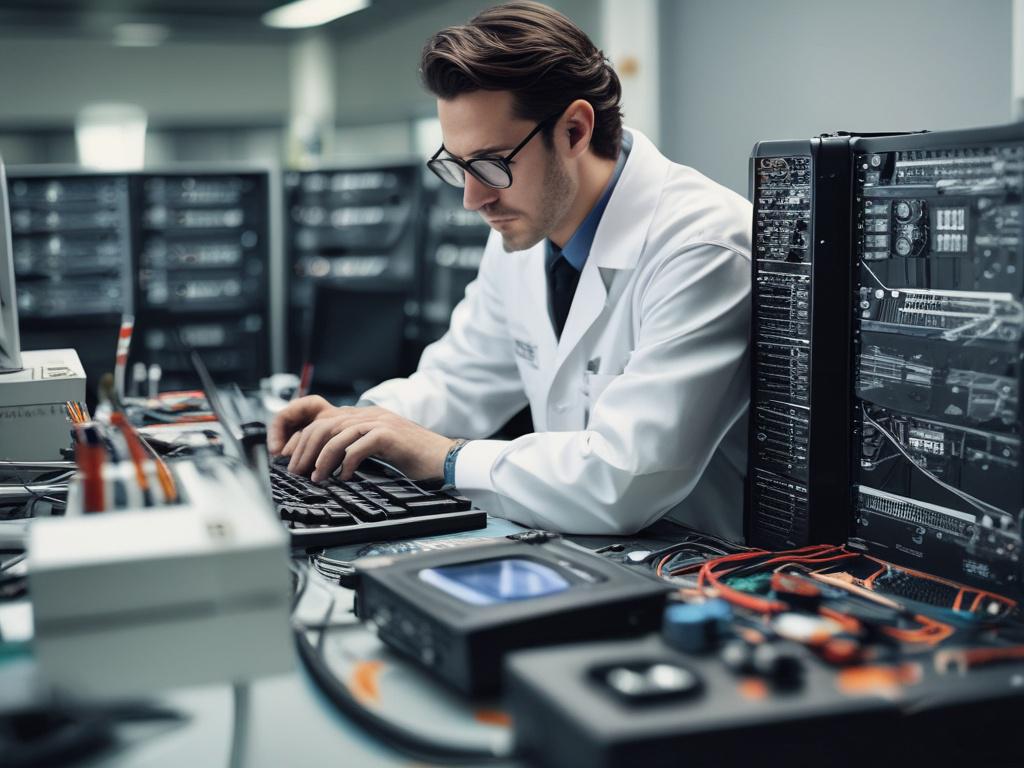 A close-up shot of a professional technician working in a data recovery lab, surrounded by advanced equipment and tools. The technician is focused on a hard drive, with a backdrop of neatly organized shelves filled with various data recovery tools. The lighting is bright and clear, emphasizing the high-tech environment. The image should have a hyper-realistic style, capturing the details of the technician's expression and the intricate components of the machinery.