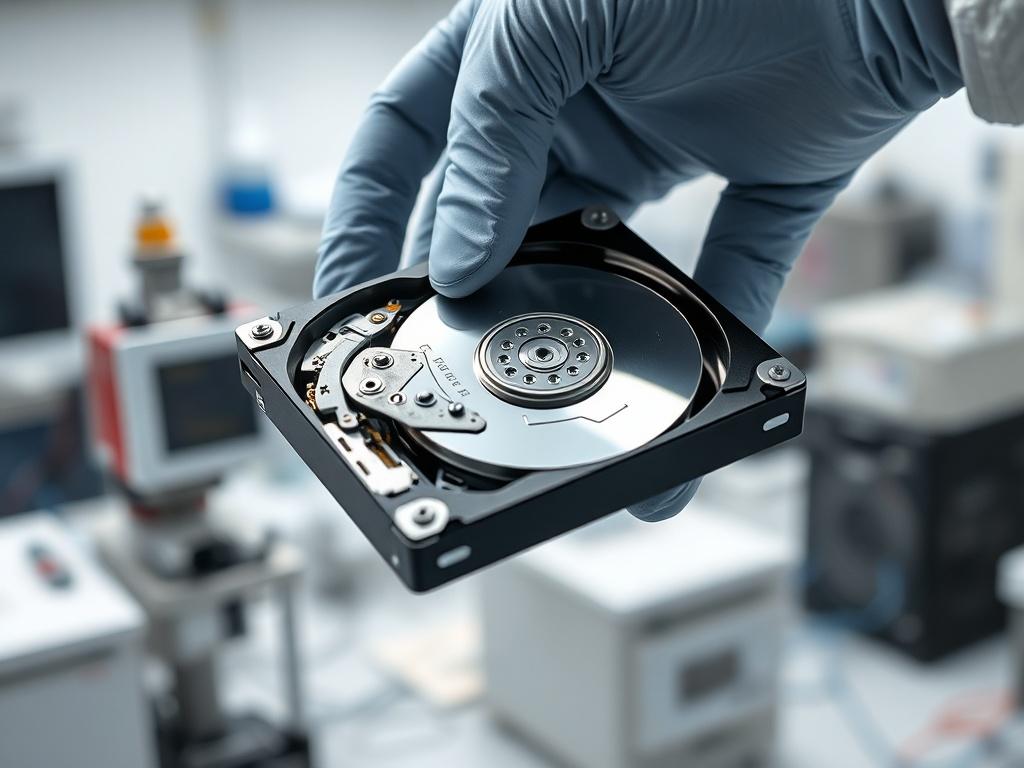 Create a highly detailed, realistic high-resolution photo that illustrates the blog titled "Jak skutecznie odzyskać dane z uszkodzonego dysku". The image should feature a close-up shot of a technician's hand carefully holding a damaged hard drive, showcasing intricate details of the device, such as scratched surfaces and exposed internal components. The technician should be wearing gloves to emphasize professionalism and cleanliness, conveying a sense of trust and expertise. 

In the background, include a c