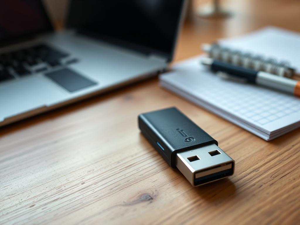 Create a realistic high-resolution image focused on a close-up shot of a non-functioning USB flash drive or memory card placed on a wooden desk. The desk should have a warm, natural finish to create a comfortable and inviting atmosphere. 

The USB flash drive or memory card should be the singular subject of the image, prominently displayed in the center with slight shadows adding depth. Ensure the device shows subtle signs of wear, such as small scratches or scuff marks, to indicate its previous use. The ba