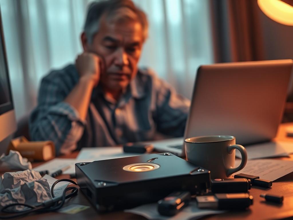 Create a hyper-realistic high-resolution photo focusing on a stressed individual, sitting at a cluttered desk in a dimly-lit room. The sole subject is a middle-aged person of diverse descent, their face showing deep concern and anxiety as they stare at a flickering computer screen. 

In the foreground, prominently display a malfunctioning external hard drive with a visible crack, emitting a faint glow, symbolizing data loss. Surround this with digital clutter: crumpled papers, a broken USB drive, and a cup 