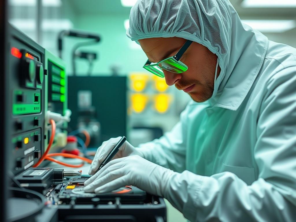 A hyper-realistic close-up shot of a professional technician working in a cleanroom environment, focused on recovering data from a damaged hard drive using specialized tools. The technician is wearing gloves and using advanced equipment, with a clean and sterile background that emphasizes the high-tech nature of the work. The photo should have an RGB color scheme incorporating a vibrant green (rgb(50, 170, 39)) that reflects the brand's identity.