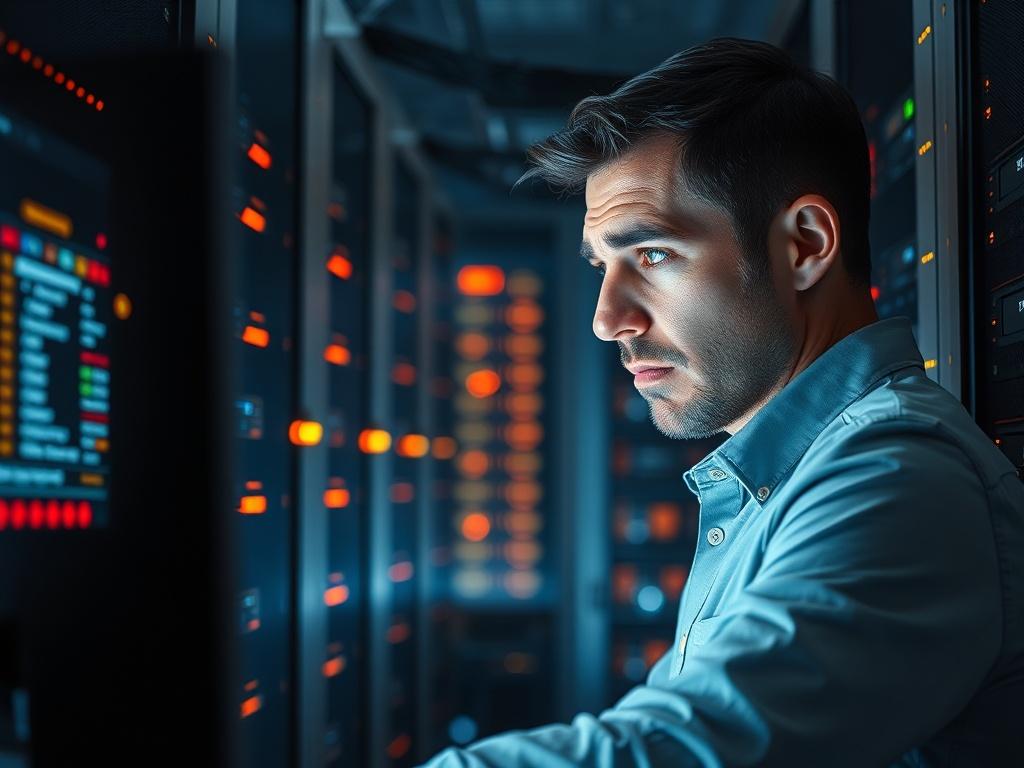 **Prompt for AI Image Generation:**

Create a realistic high-resolution photo depicting a stressed IT administrator in a server room, surrounded by blinking server lights, as he reacts to a RAID failure. The scene should capture a single subject, the administrator, who looks alarmed and is intently looking at a monitor displaying error messages related to RAID failure. The background should be filled with racks of servers, sleek cables, and a faint glow from LED indicators suggesting a critical failure situ