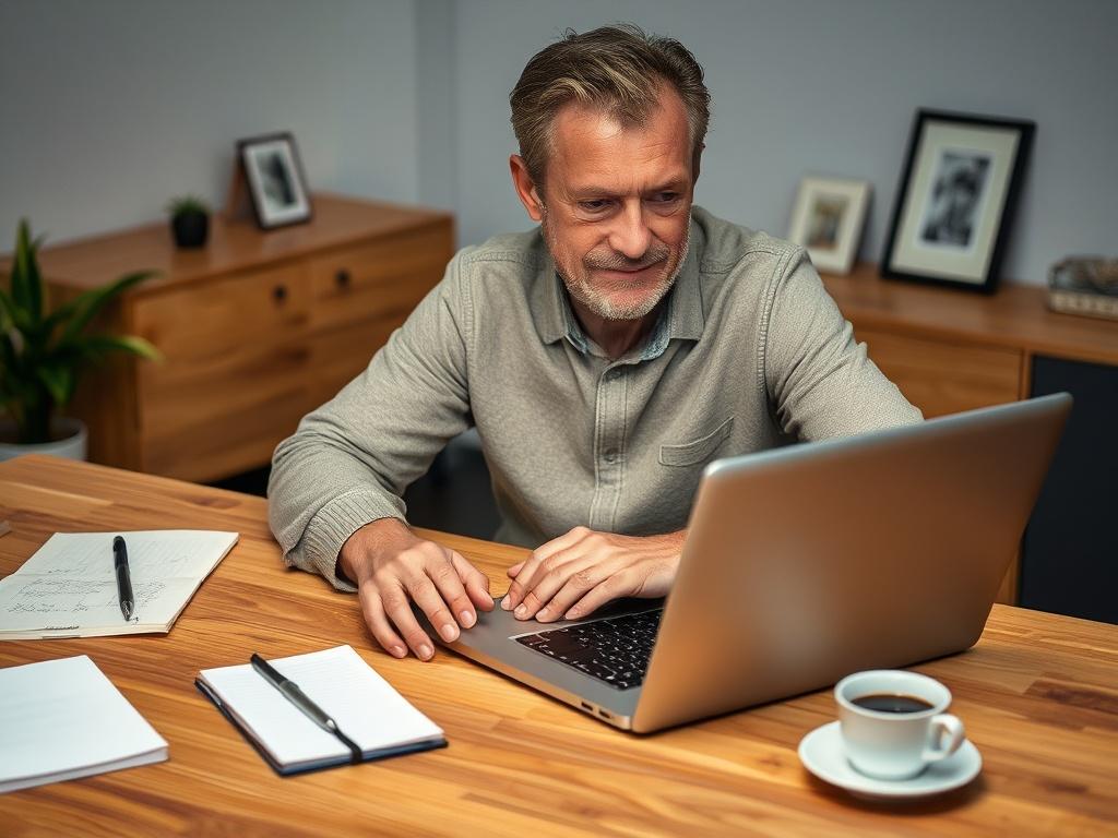 Create a realistic high-resolution photo that embodies the theme of data protection at home, titled "RODO w domu: Jak chronić prywatne dane osobowe przed wyciekiem lub utratą". 

**Composition**: The image should feature a single subject—a person (perhaps a middle-aged adult) sitting at a modern wooden desk. The individual should be focused on a laptop, wearing a thoughtful expression as they navigate a document labeled "Prywatne Dane" (no text visible). Their hands should rest on the keyboard, illustrating