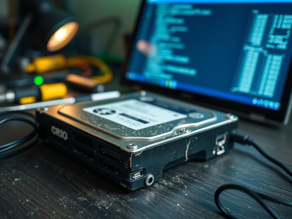 **AI Image Generation Prompt:**

Create a realistic, high-resolution close-up image that visually represents the theme of data preservation and the dangers of repeatedly powering on malfunctioning storage devices. The primary subject should be a damaged external HDD (hard disk drive) that shows signs of wear, such as scratches and a dust-covered surface, placed prominently in the foreground. The HDD should be centered in the image, capturing intricate details like the ports and the subtle reflections on its