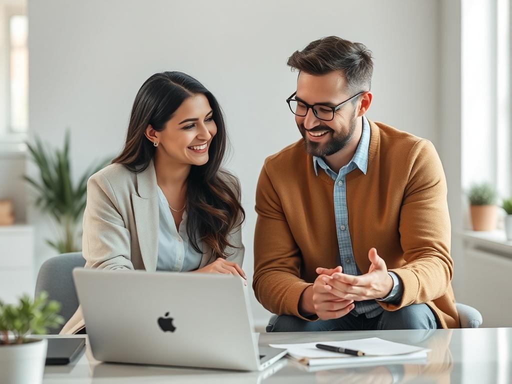 A consultant engaging in a warm conversation with a local business owner in a serene office setting. The image should reflect a supportive atmosphere, with both individuals smiling and discussing AI technology on a laptop.