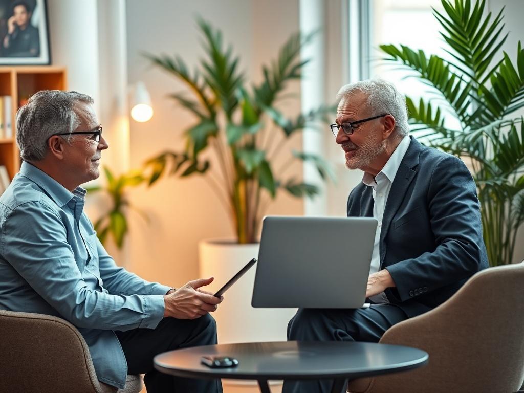 A friendly consultant sitting across from an older business owner in a cozy office setting, discussing AI solutions. The atmosphere is warm and inviting, with soft lighting and a peaceful ambiance. The consultant is pointing at a laptop screen displaying AI-related visuals, while the business owner looks engaged and curious. There are plants in the background, adding a touch of nature to the scene.