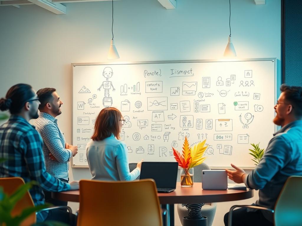 A modern office environment where a team of friendly professionals is collaborating over a whiteboard filled with ideas for AI bot features. They are brainstorming together, and one person is sketching out a chatbot design. The atmosphere is energetic and positive, with bright colors and an open layout, creating a sense of creativity and innovation.