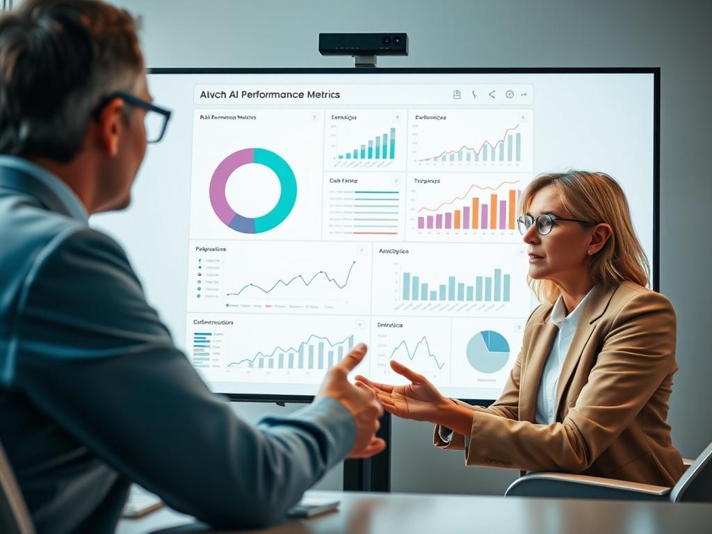 A virtual meeting taking place with a business owner discussing AI performance metrics with a knowledgeable consultant. On the screen, various analytics and performance graphs are visible. The consultant is explaining the data, and the business owner appears engaged and interested. The setting is bright and professional, highlighting a collaborative atmosphere.