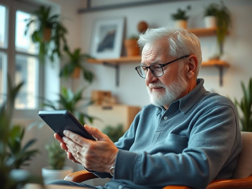 A friendly elderly local business owner engaging with a chatbot on a tablet in a cozy office setting. The room is softly lit with plants in the background, creating a peaceful atmosphere. The owner looks curious and engaged while interacting with the technology. The color scheme reflects soft tones, harmonizing with the rgb(50, 170, 39) primary color.