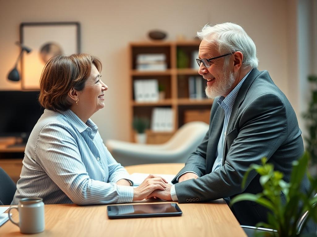 A friendly business consultant sitting at a desk, engaged in a conversation with an older business owner. The setting should be warm and inviting, with soft lighting and a cozy atmosphere. The consultant should appear approachable and knowledgeable, wearing a professional outfit. The background should show a comfortable office space, emphasizing a supportive environment.