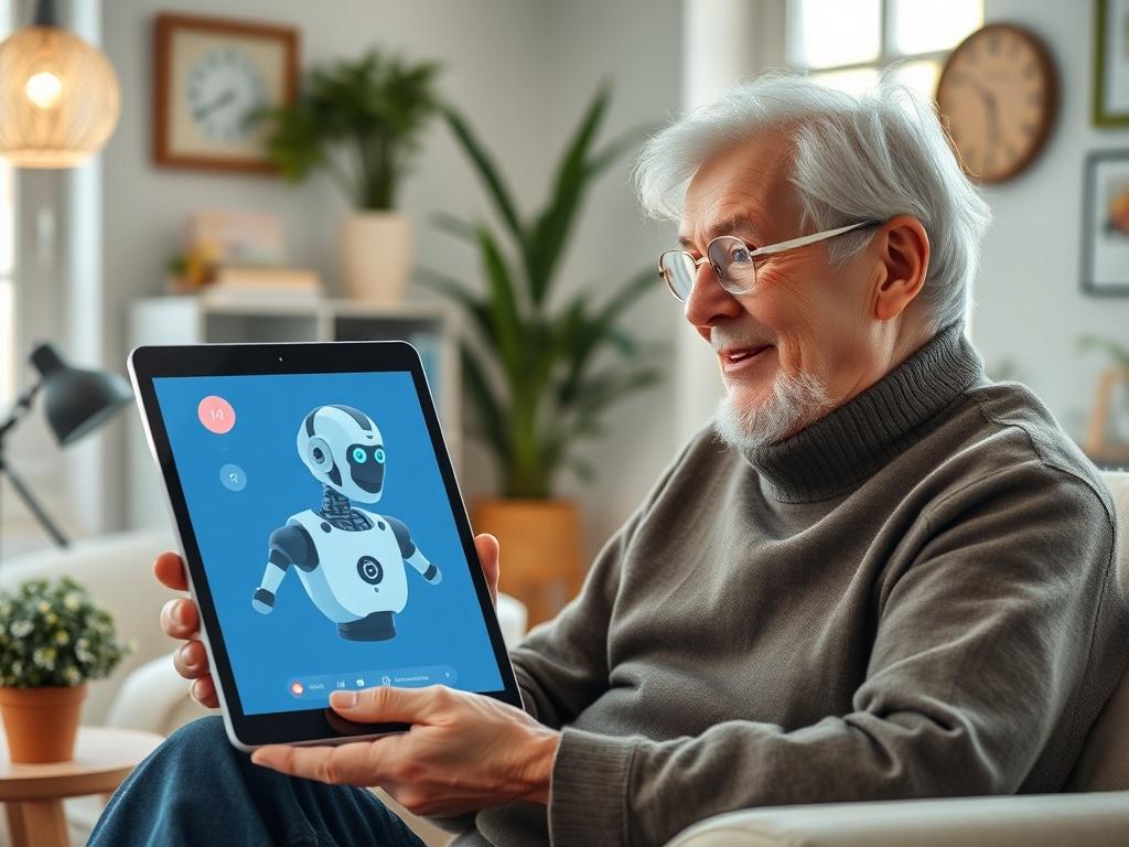 An interactive voice bot displayed on a tablet with an older business owner interacting with it. The room should be bright and welcoming, showcasing a friendly atmosphere. The owner should appear engaged and curious, with a slight smile as they respond to the bot's questions. Elements of a cozy office environment should surround them, indicating a supportive setting.