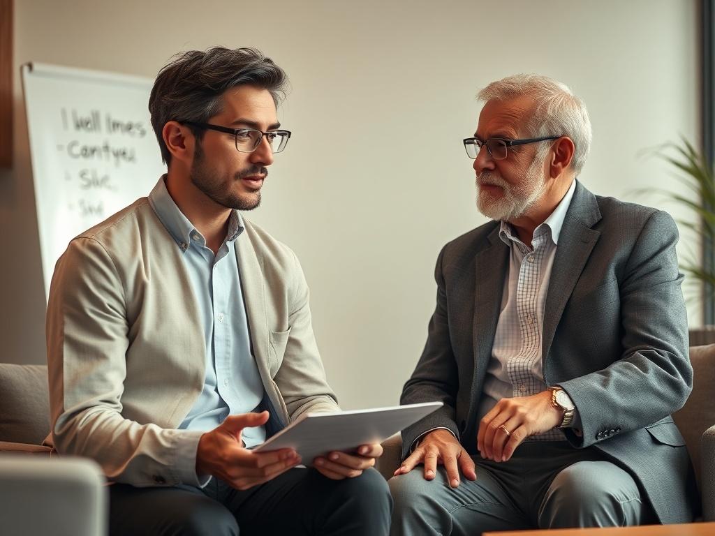 A thoughtful business consultant presenting tailored recommendations to an older business owner. The setting should feature a comfortable meeting area with a whiteboard or presentation materials visible. The consultant should be animated and engaging, while the owner listens attentively, showing interest. Soft lighting and a relaxed atmosphere should enhance the scene.