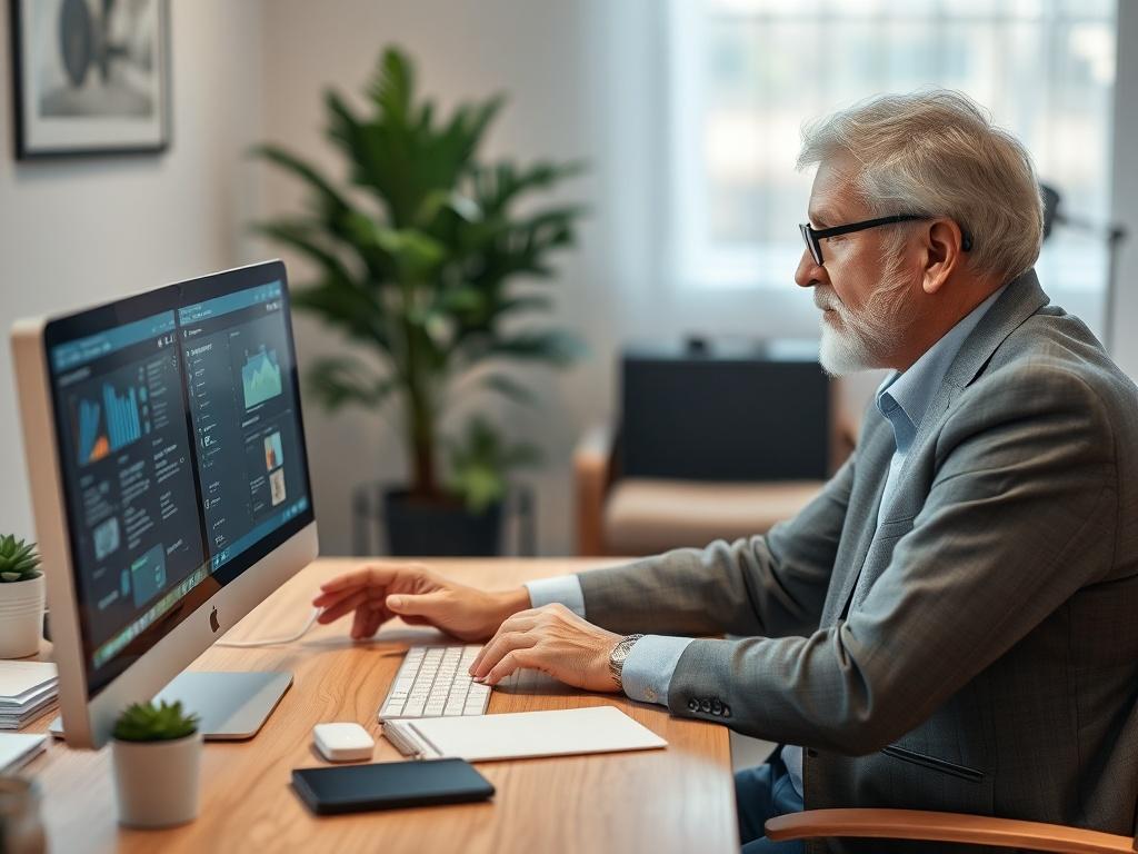 An older business owner receiving hands-on training from a supportive consultant about AI tools on a computer. The environment should be relaxed and encouraging, reflecting a sense of teamwork. The consultant should be guiding the owner through the tools, highlighting features, while both appear engaged in a constructive dialogue.