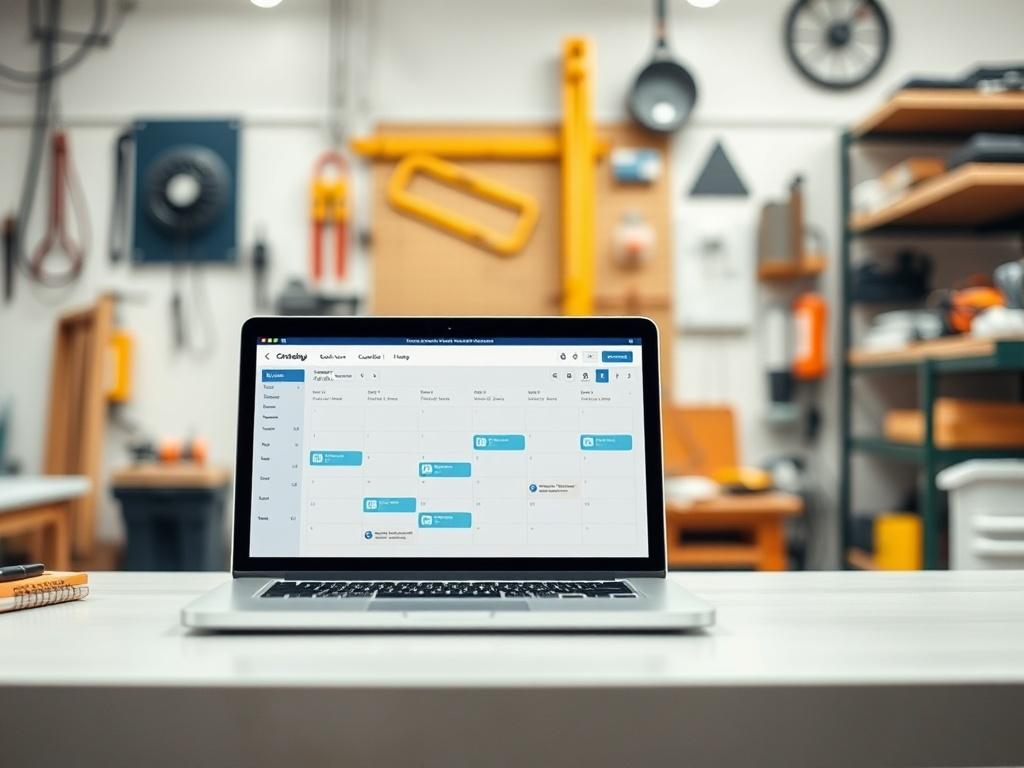 A digital scheduling interface on a laptop in a bright workshop setting. The background features a well-organized workspace with tools and equipment. The image highlights the scheduling tool's calendar view, showcasing easy appointment management in a user-friendly design.