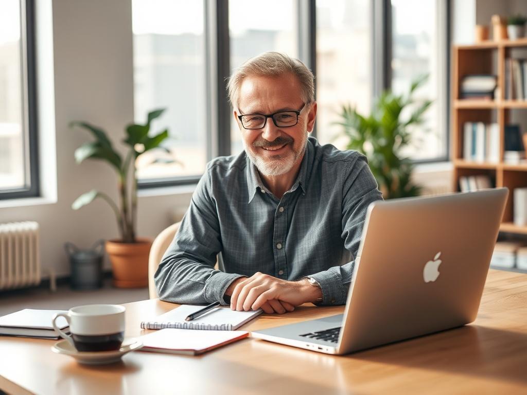 Create a realistic high-resolution photo that embodies the essence of the blog titled "Understanding AI Chatbots for Your Business." The composition should feature a single subject: a friendly, middle-aged business owner, engaged in an online conversation with an AI chatbot on a sleek laptop in a modern, warmly lit office environment. 

The subject should have an expression of curiosity and satisfaction, symbolizing the positive impact of integrating AI into their business operations. Surround them with ele