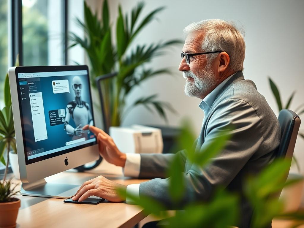 A welcoming, high-resolution image of a friendly older business owner interacting with a modern chatbot on a computer, in a softly lit office space with plants in the background, creating a peaceful and inviting atmosphere.