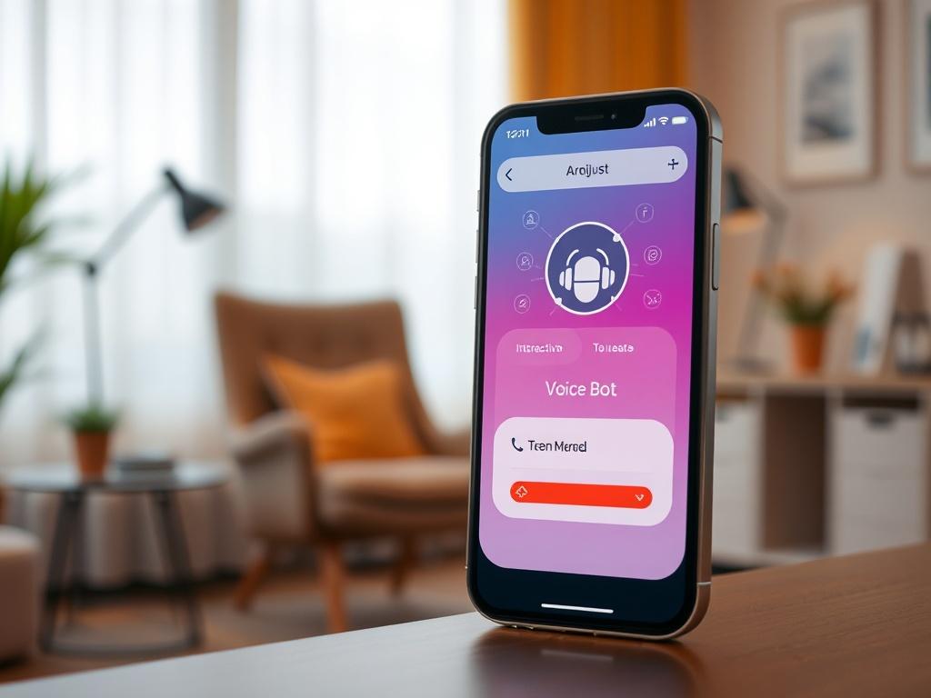 A phone displaying an interactive voice bot interface, set in a warm, inviting office with soft lighting and a comfortable chair in the background, creating a peaceful ambiance.