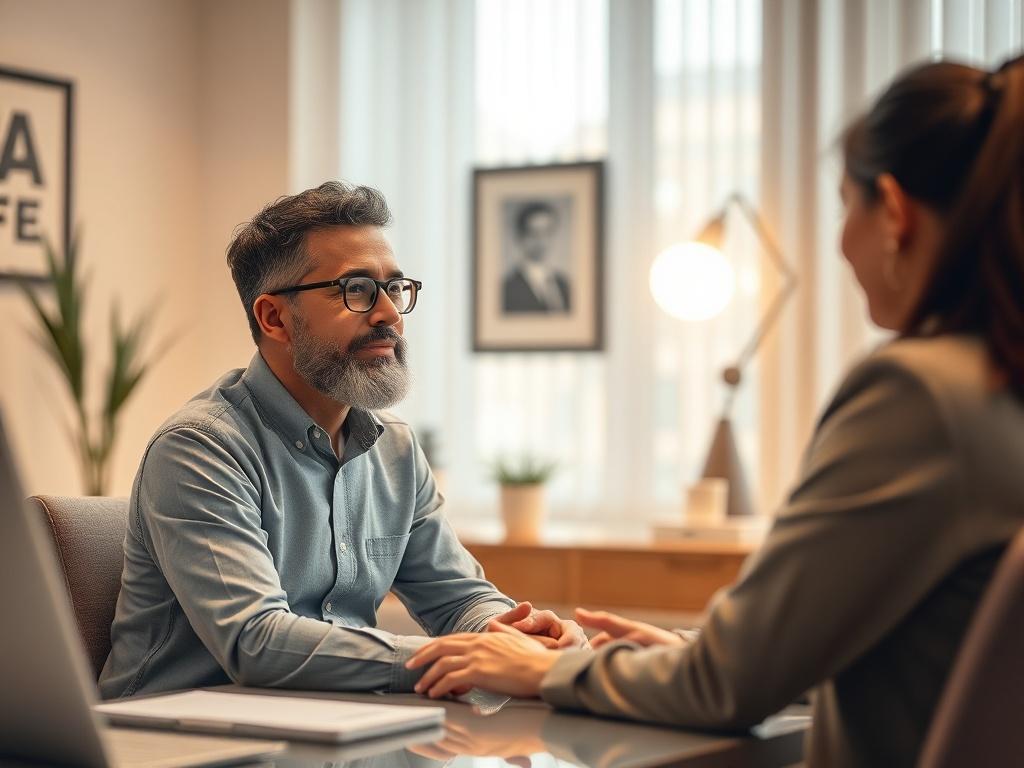 A business owner engaged in a friendly consultation with an AI expert in a serene office setting, with soft lighting and supportive decor, conveying a sense of understanding and guidance.