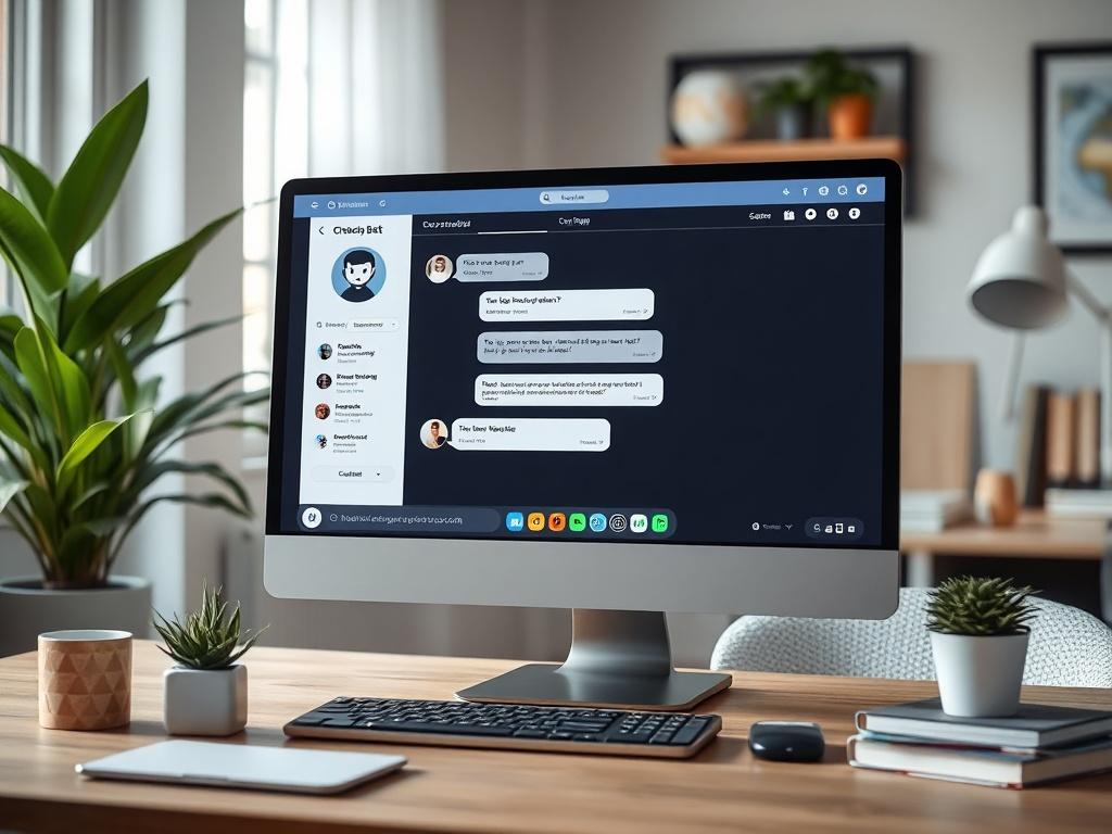 A friendly, approachable chat bot interface displayed on a computer screen in a cozy office environment with soft lighting, featuring a plant in the background and a welcoming atmosphere.
