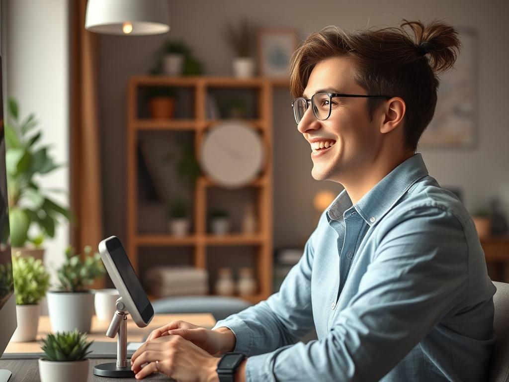 A cozy office environment where a business owner is happily interacting with a voice bot device. The setting is warm and welcoming, with soft lighting and a few plants. The focus is on the business owner smiling while speaking to the voice bot, illustrating ease of use and friendly interaction.