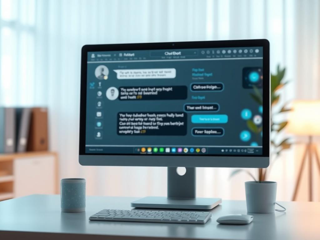A serene, inviting office space with a friendly-looking chatbot interface displayed on a computer screen. The background shows soft lighting and calming colors, creating a peaceful atmosphere. The focus is on the computer screen, highlighting the chatbot interaction, with a plant in the background to add a touch of warmth.