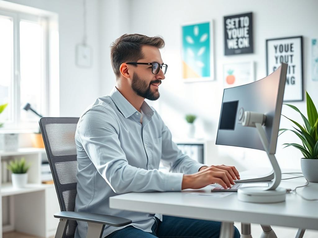 A bright and modern workspace showcasing a business owner using both a chatbot on a computer and a voice bot device on their desk. The atmosphere is vibrant and professional, with a focus on collaboration and technology. Background elements include motivational posters and a window with natural light.