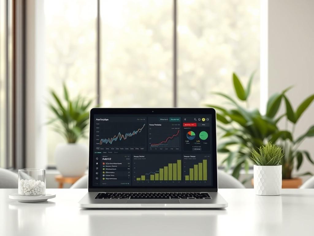 A serene and inviting office environment, softly lit, showcasing a comfortable workspace with a laptop displaying analytics data. The background features gentle greenery, symbolizing growth and security, creating a peaceful and professional atmosphere.