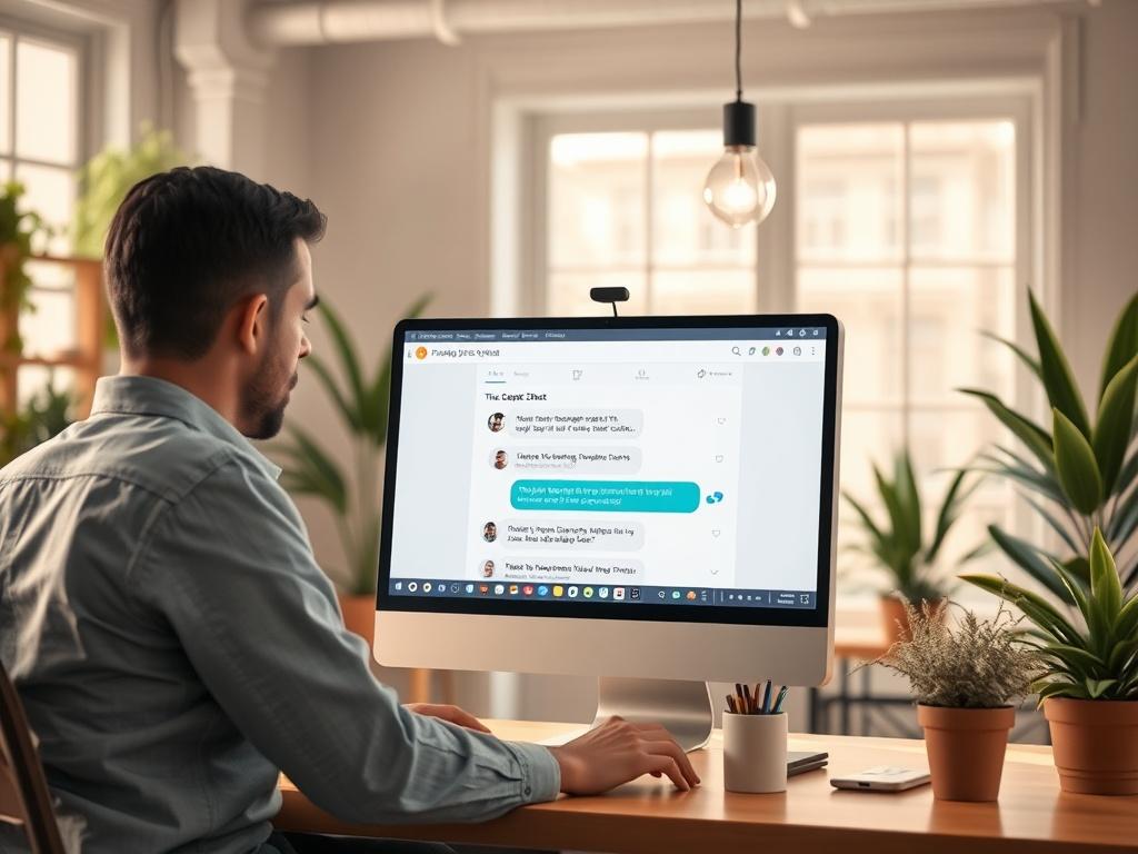 A friendly-looking chatbot interface displayed on a computer screen, with a local business owner engaging with it. The background features a cozy office space with natural light, plants, and a warm atmosphere, creating a welcoming environment.