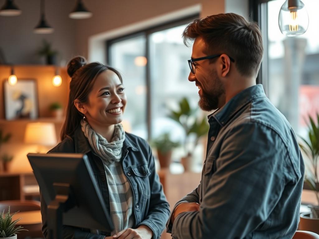 A local business owner speaking to a voice bot device in a warm, inviting office setting. The scene captures the owner smiling as they engage in a conversation, with soft lighting and a peaceful atmosphere, emphasizing a friendly interaction.